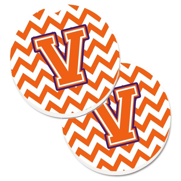 Carolines Treasures Letter V Chevron Orange and Regalia Set of 2 Cup Holder Car Coaster CJ1062-VCARC - main